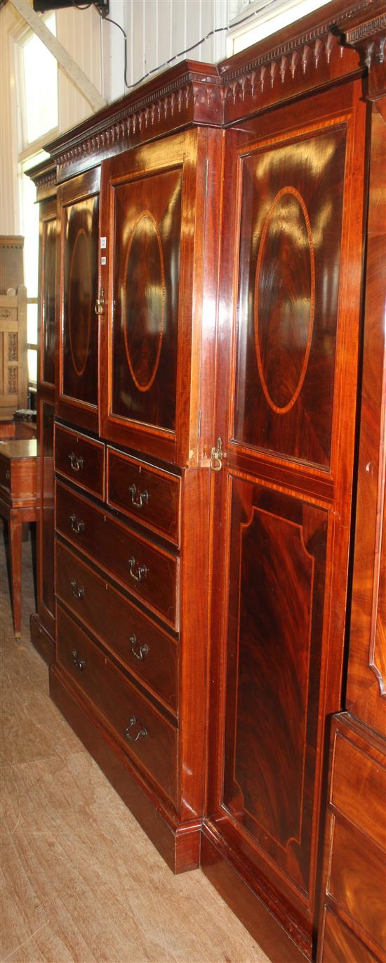 Large Edwardian inlaid mahogany breakfront wardrobe